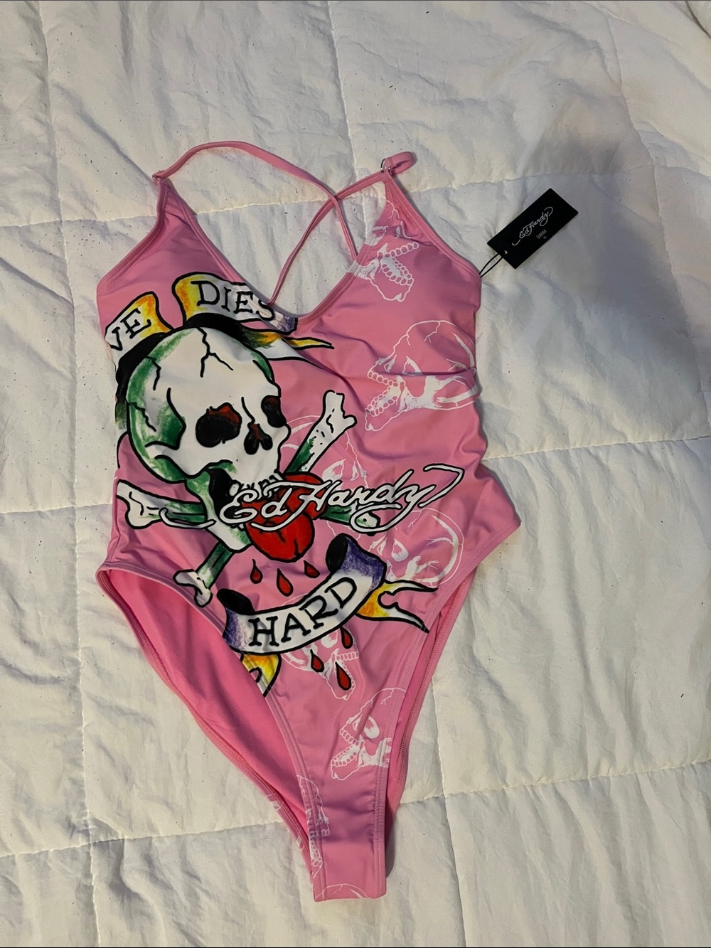 Ed Hardy Pink Tattoo Skull One-Piece Swimsuit